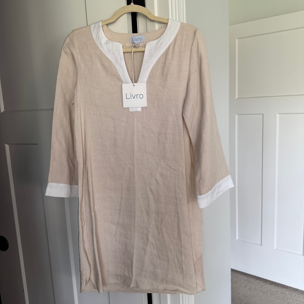 NWT Livro New Mini Kaftan Tan Linen‎ Dress White V Neck